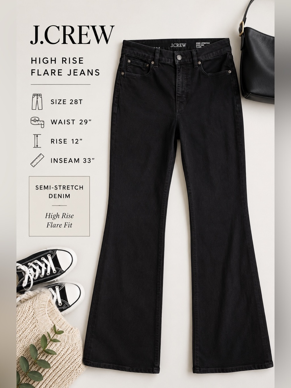 J. Crew High Rise Flare Jeans Black Semi Stretch Denim Size 28 Tall